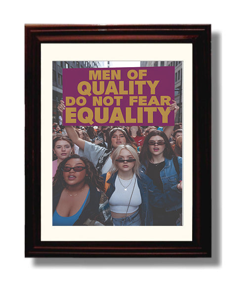Equality Protest March Woman Holding Men of Quality Equality Sign Funny Quote Wall Art 8x10 Beveled Frame wall art print – humor decor