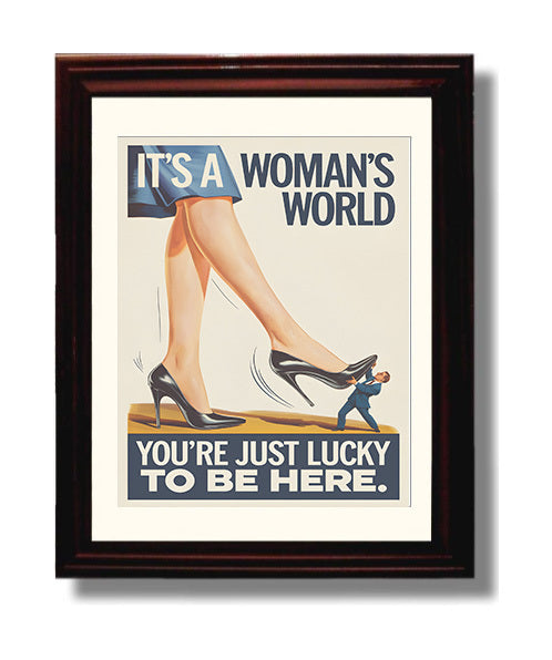 Its a Womens World Giant Heel Stepping on Tiny Man Satire Poster Funny Quote Wall Art 8x10 Beveled Frame wall art print – humor decor