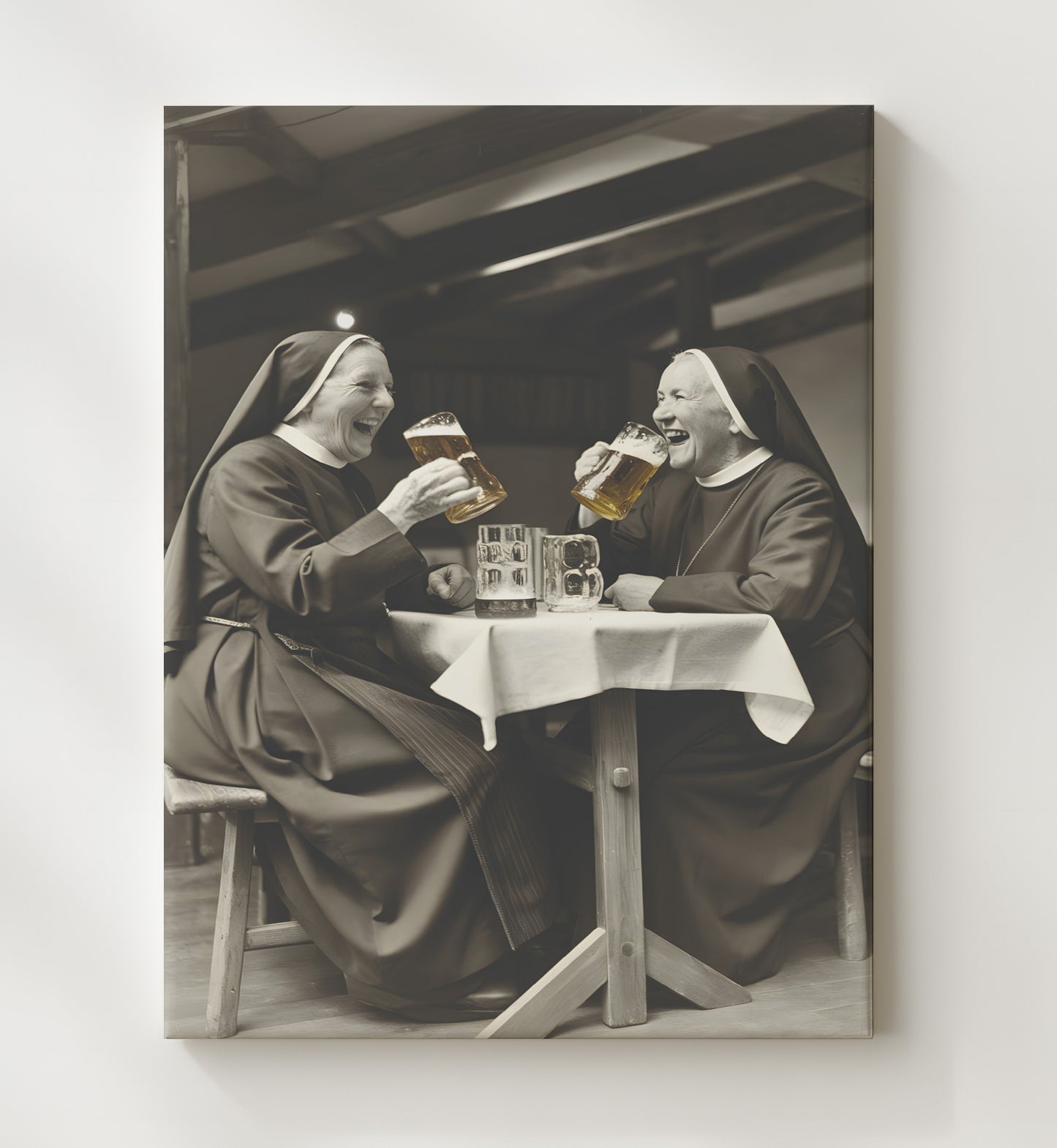 Nuns Drinking Beer Two Laughing Nuns Sharing Beer At Table Funny Quote Wall Art 20x24 Canvas wall art print – humor decor