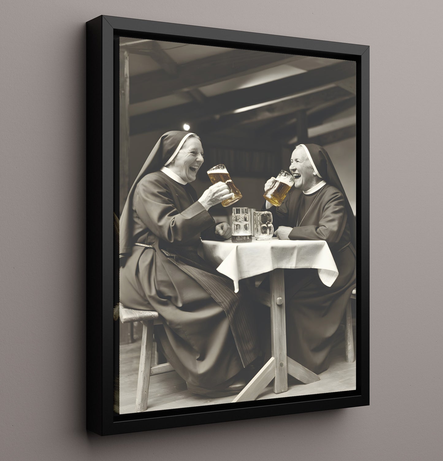Nuns Drinking Beer Two Laughing Nuns Sharing Beer At Table Funny Quote Wall Art 16x20 Framed Canvas wall art print – humor decor