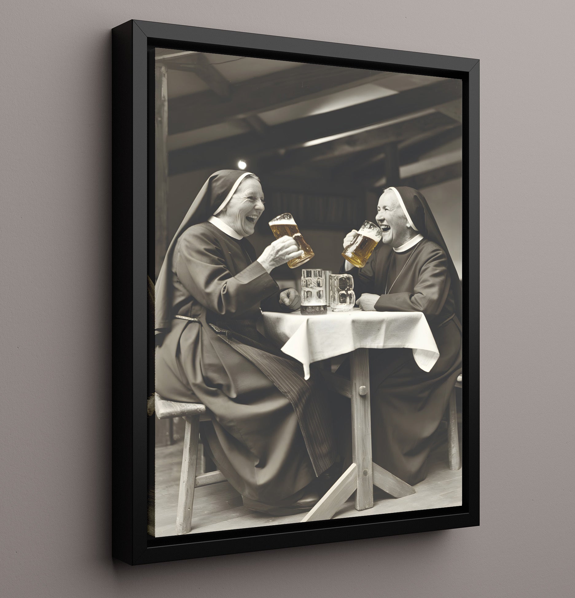 Nuns Drinking Beer Two Laughing Nuns Sharing Beer At Table Funny Quote Wall Art 16x20 Framed Canvas wall art print – humor decor