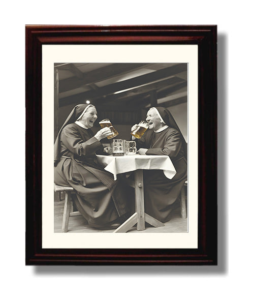 Nuns Drinking Beer Two Laughing Nuns Sharing Beer At Table Funny Quote Wall Art 8x10 Beveled Frame wall art print – humor decor