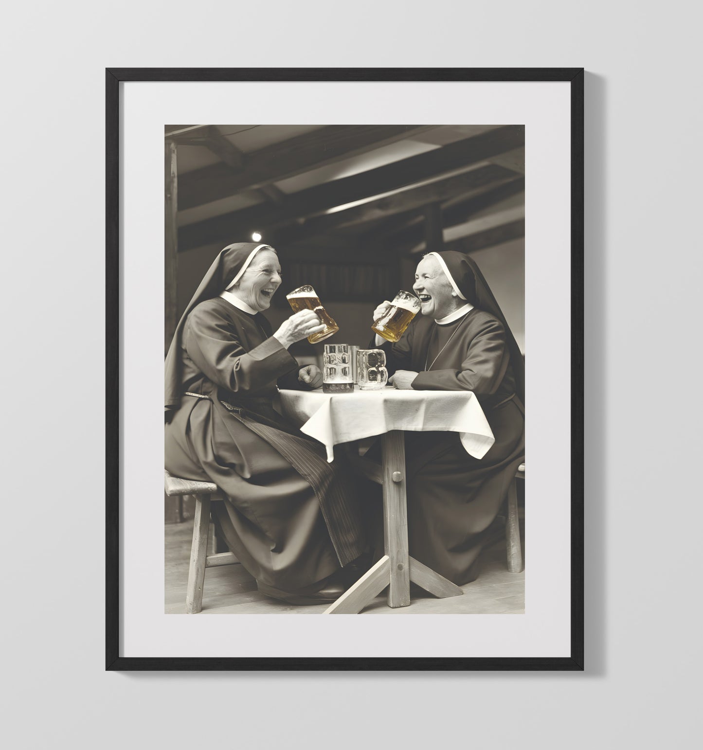 Nuns Drinking Beer Two Laughing Nuns Sharing Beer At Table Funny Quote Wall Art 16x20 Gallery Frame wall art print – humor decor
