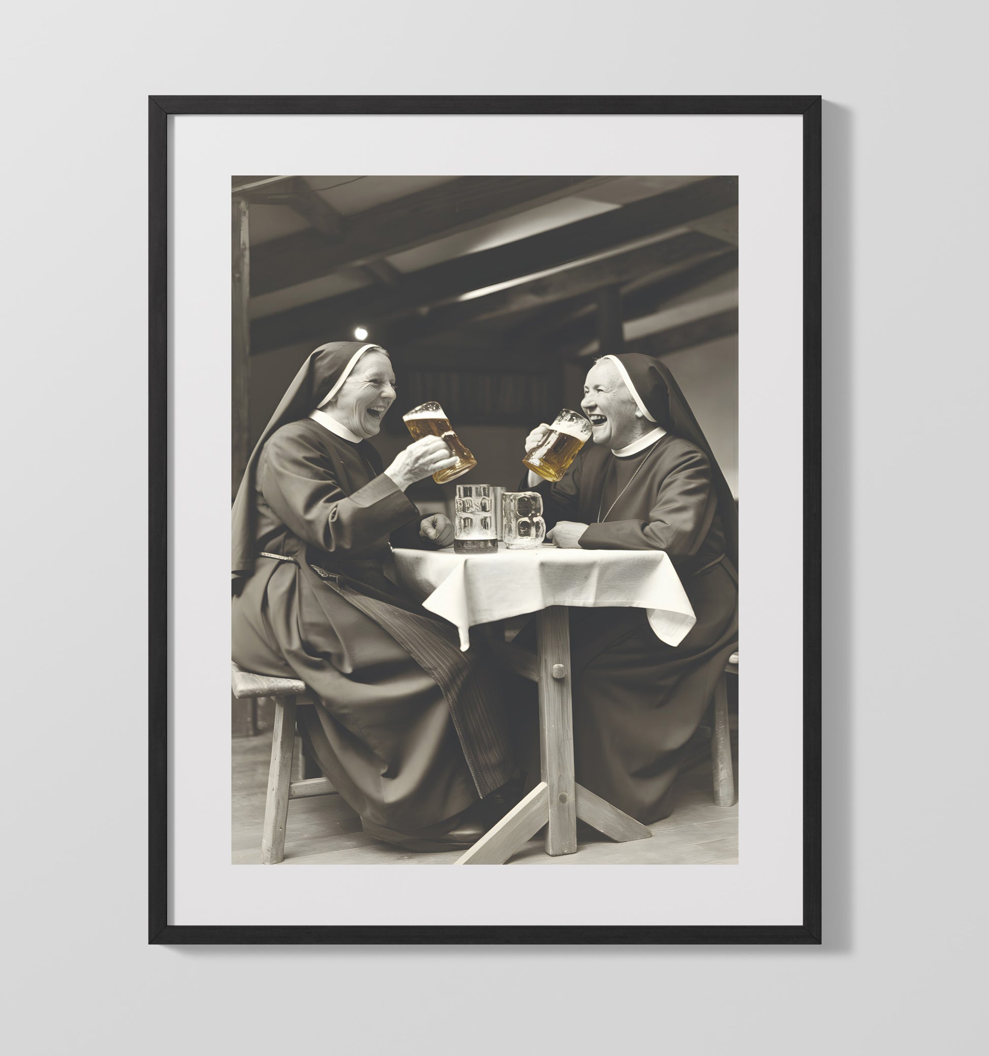 Nuns Drinking Beer Two Laughing Nuns Sharing Beer At Table Funny Quote Wall Art 16x20 Gallery Frame wall art print – humor decor