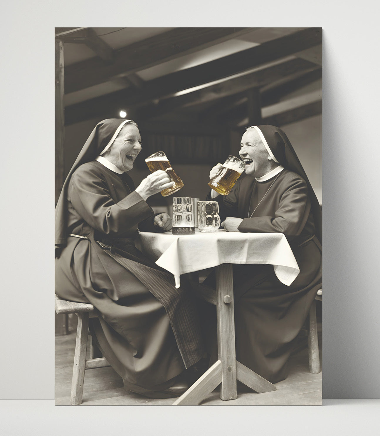 Nuns Drinking Beer Two Laughing Nuns Sharing Beer At Table Funny Quote Wall Art 16x20 Unframed Print wall art print – humor decor