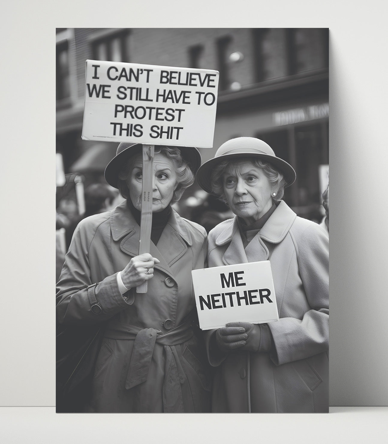 Still Have to Protest This Shit Two Elderly Women Holding Sarcastic Protest Signs Funny Quote Wall Art 16x20 Unframed Print wall art print – humor decor