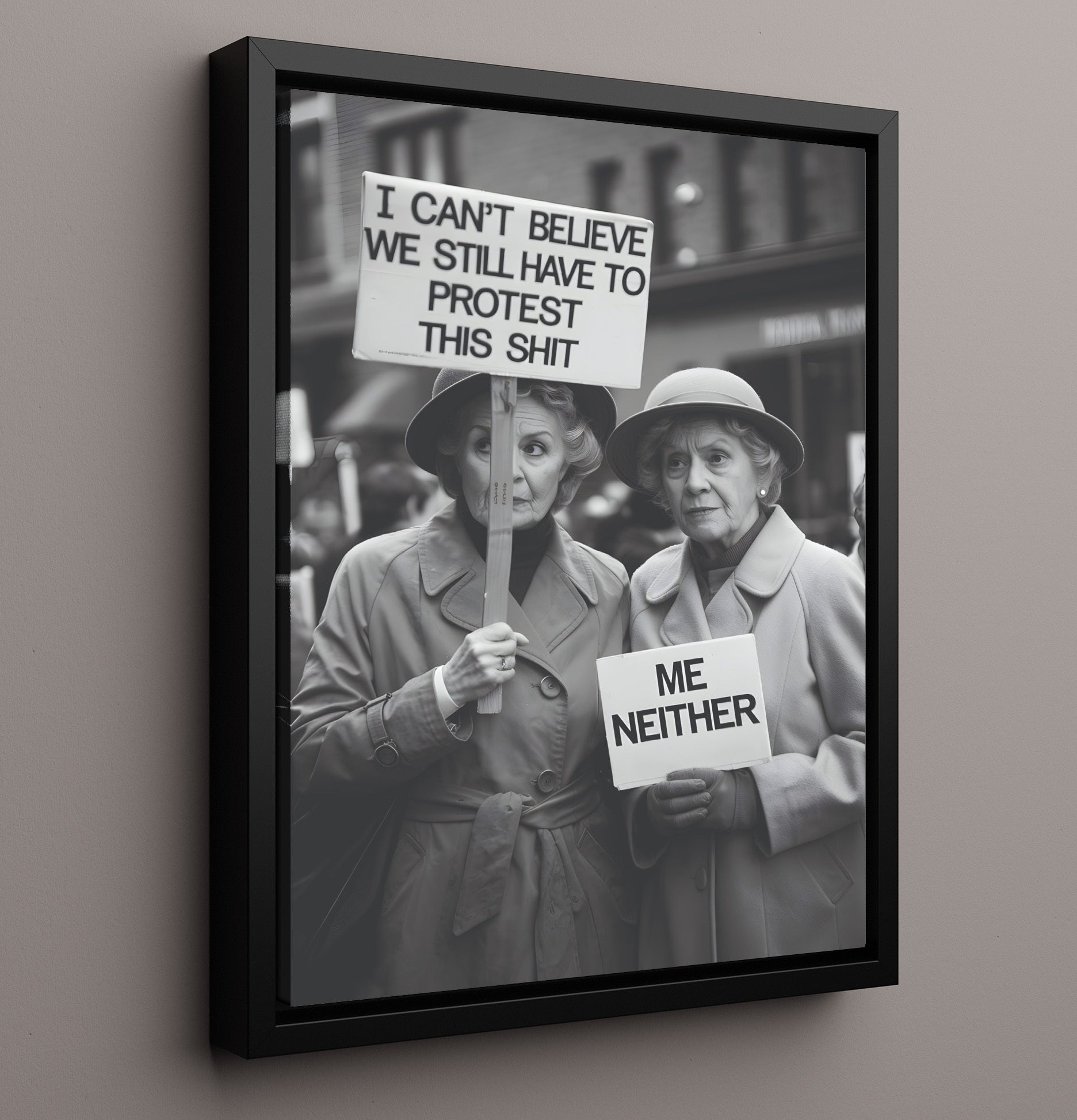 Still Have to Protest This Shit Two Elderly Women Holding Sarcastic Protest Signs Funny Quote Wall Art 16x20 Framed Canvas wall art print – humor decor