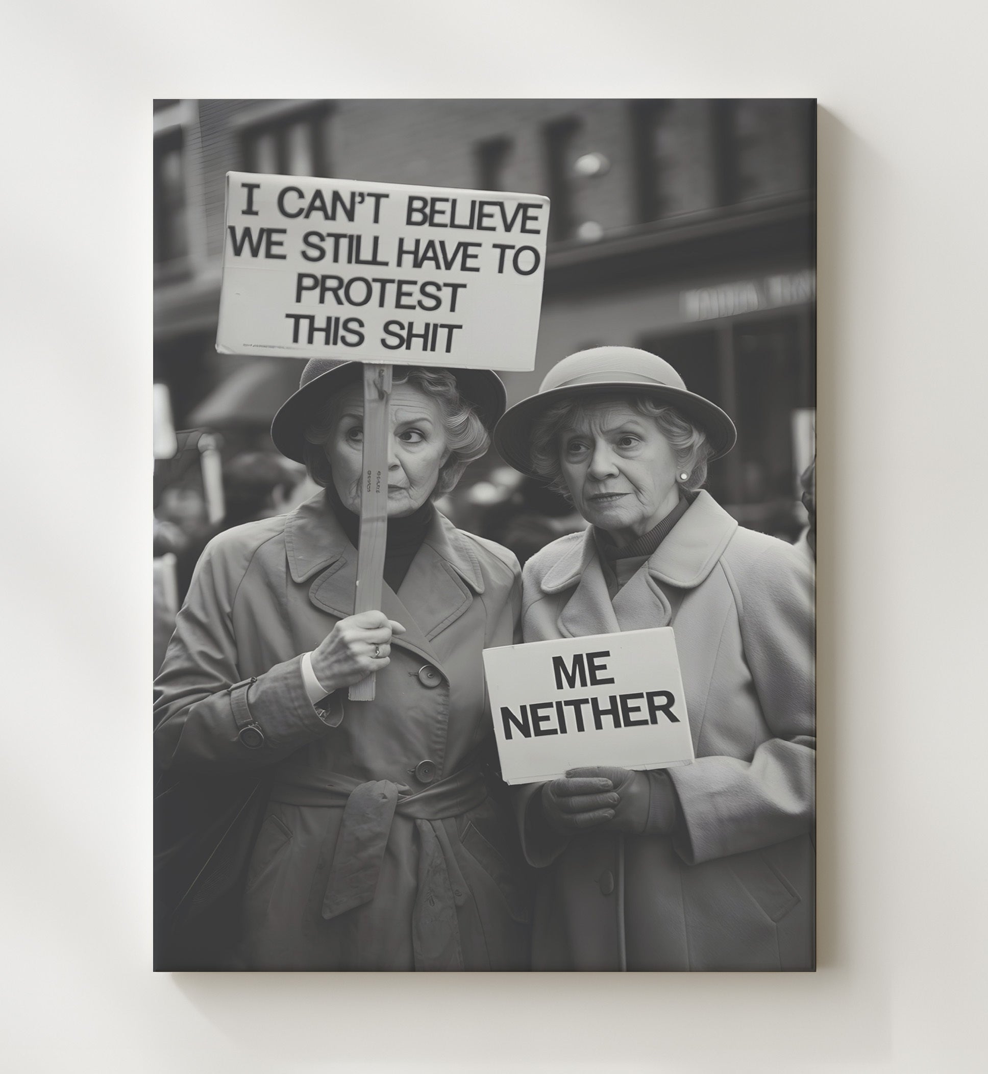 Still Have to Protest This Shit Two Elderly Women Holding Sarcastic Protest Signs Funny Quote Wall Art 20x24 Canvas wall art print – humor decor