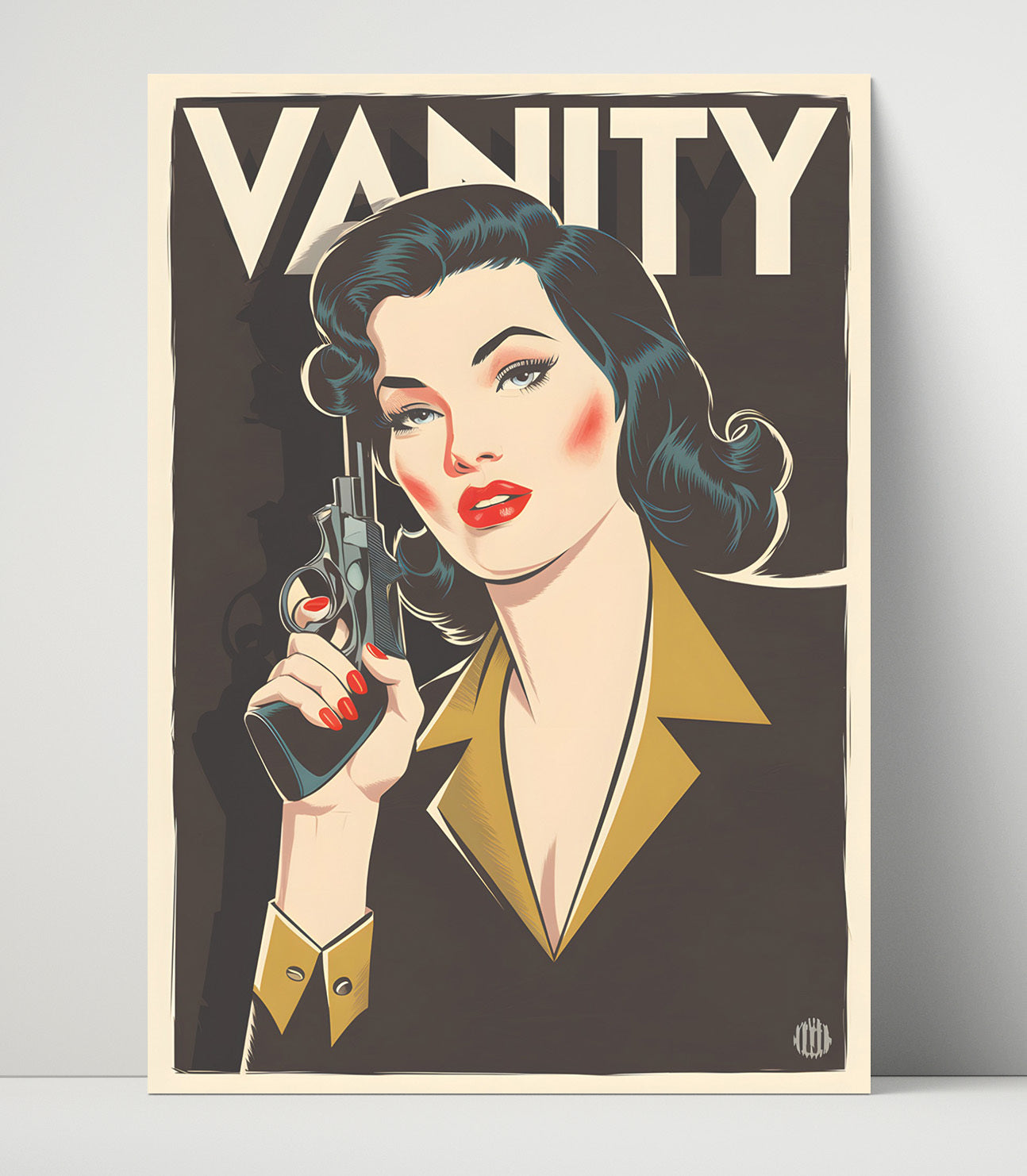 Vanity Pinup Retro Woman Holding Pistol with Bold Vanity Headline Funny Quote Wall Art 16x20 Unframed Print wall art print – humor decor