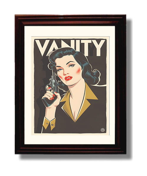 Vanity Pinup Retro Woman Holding Pistol with Bold Vanity Headline Funny Quote Wall Art 8x10 Beveled Frame wall art print – humor decor