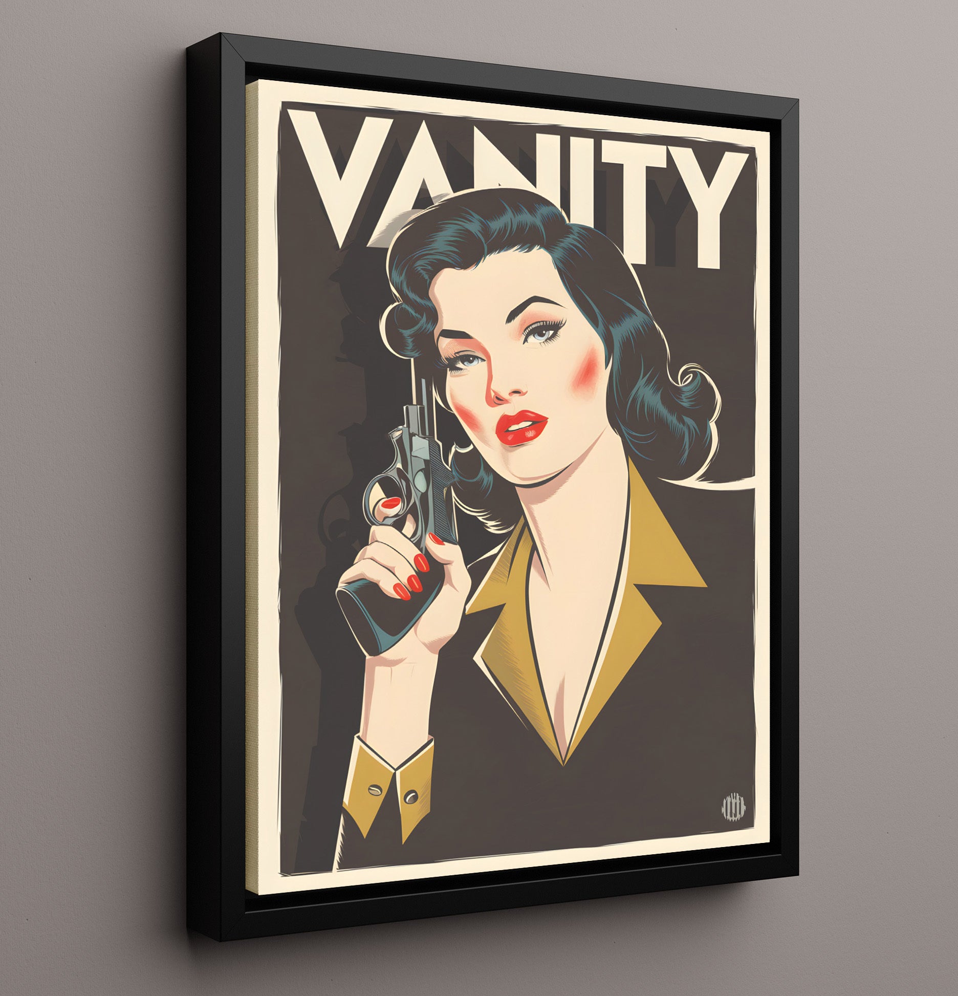 Vanity Pinup Retro Woman Holding Pistol with Bold Vanity Headline Funny Quote Wall Art 16x20 Framed Canvas wall art print – humor decor