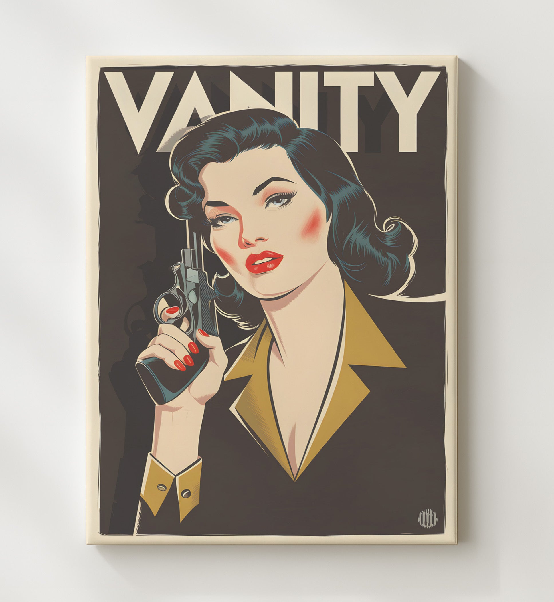 Vanity Pinup Retro Woman Holding Pistol with Bold Vanity Headline Funny Quote Wall Art 20x24 Canvas wall art print – humor decor
