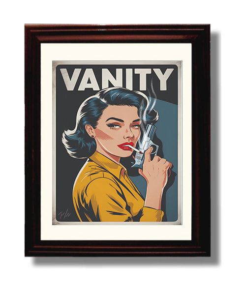 Vanity Smoking Pinup Retro Woman Smoking with Revolver Vanity Poster Funny Quote Wall Art 8x10 Beveled Frame wall art print – humor decor