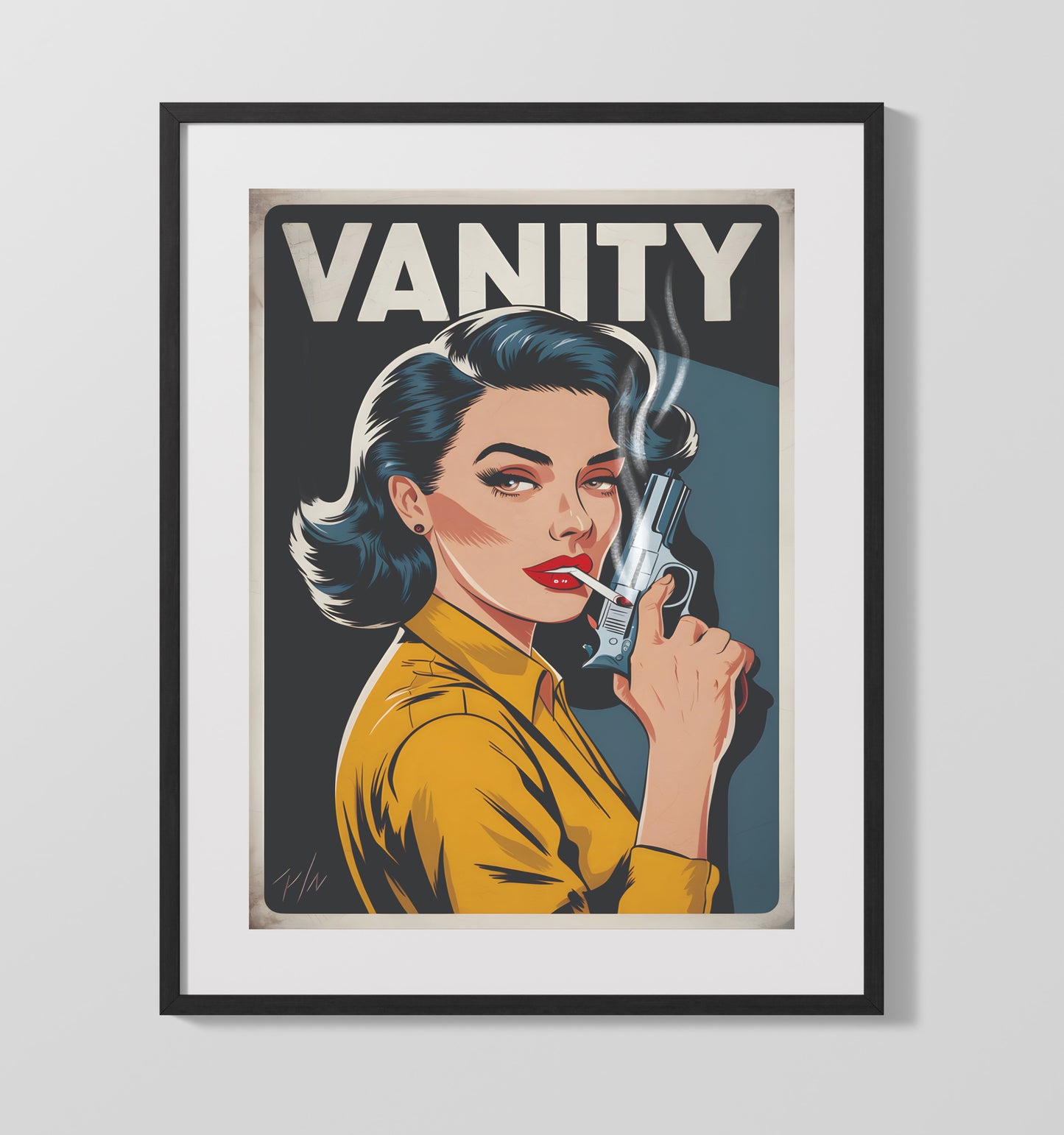 Vanity Smoking Pinup Retro Woman Smoking with Revolver Vanity Poster Funny Quote Wall Art 16x20 Gallery Frame wall art print – humor decor