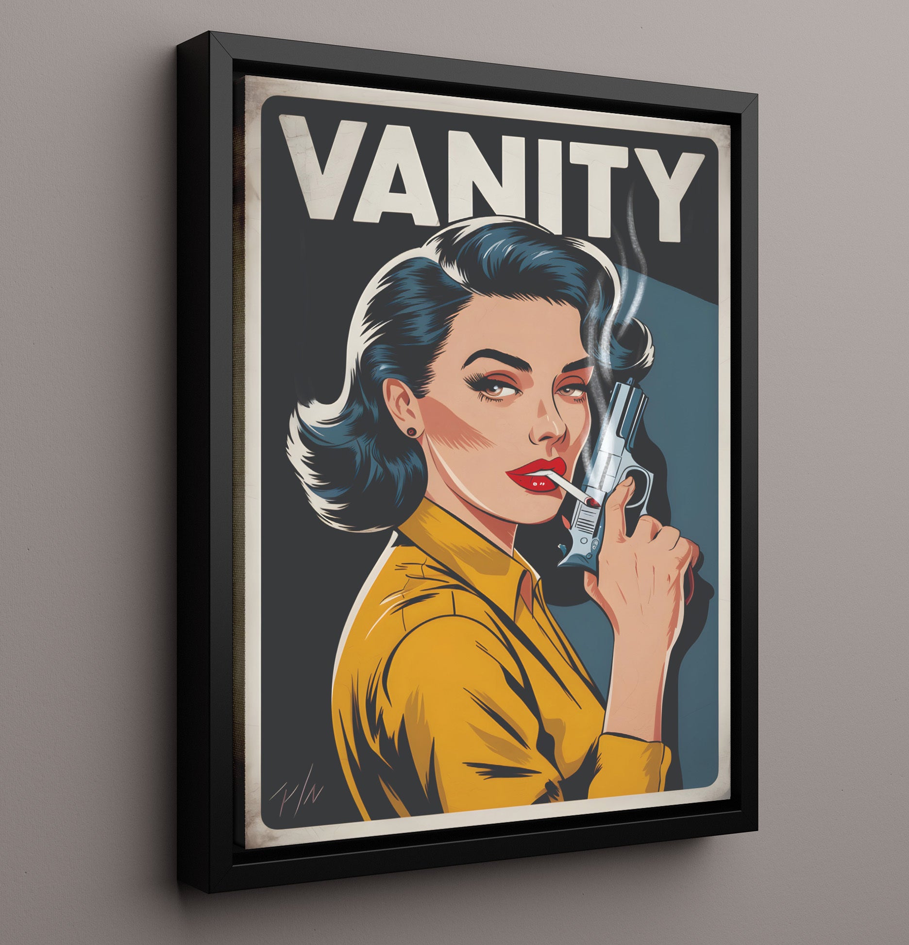Vanity Smoking Pinup Retro Woman Smoking with Revolver Vanity Poster Funny Quote Wall Art 16x20 Framed Canvas wall art print – humor decor