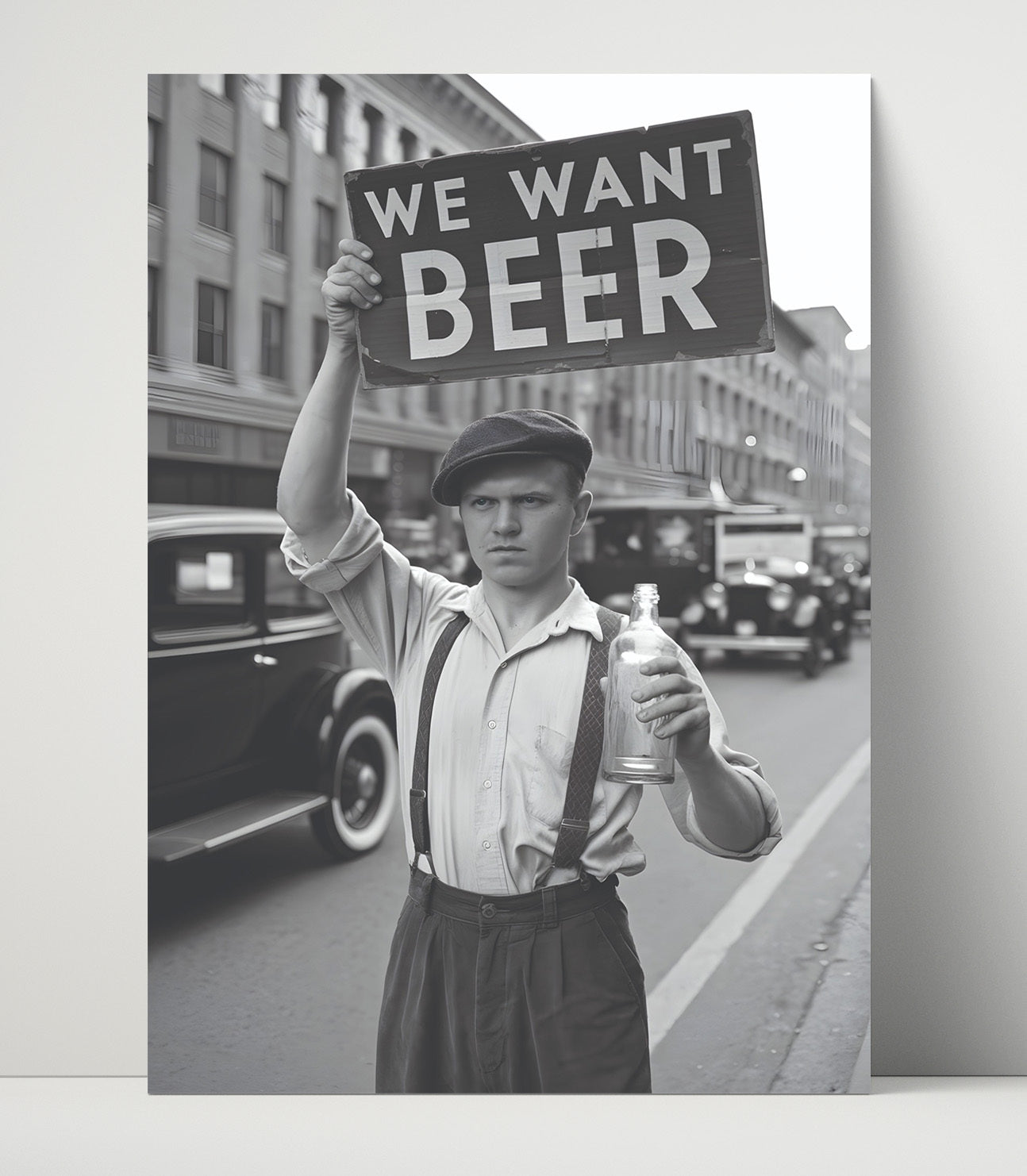 We Want Beer Vintage Street Protester Holding Beer Demand Sign Portrait (2) Funny Quote Wall Art 16x20 Unframed Print wall art print – humor decor