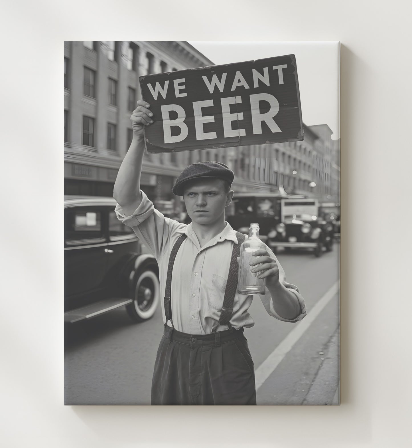 We Want Beer Vintage Street Protester Holding Beer Demand Sign Portrait (2) Funny Quote Wall Art 20x24 Canvas wall art print – humor decor