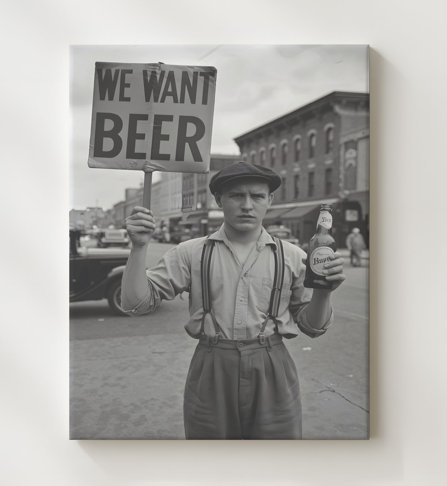 We Want Beer Vintage Street Protester Holding Beer Demand Sign Funny Quote Wall Art 20x24 Canvas wall art print – humor decor