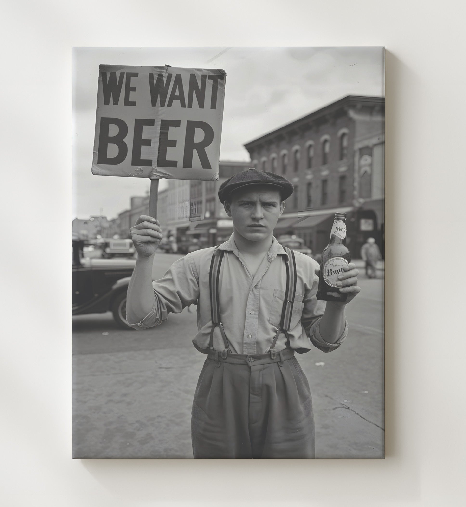 We Want Beer Vintage Street Protester Holding Beer Demand Sign Funny Quote Wall Art 20x24 Canvas wall art print – humor decor