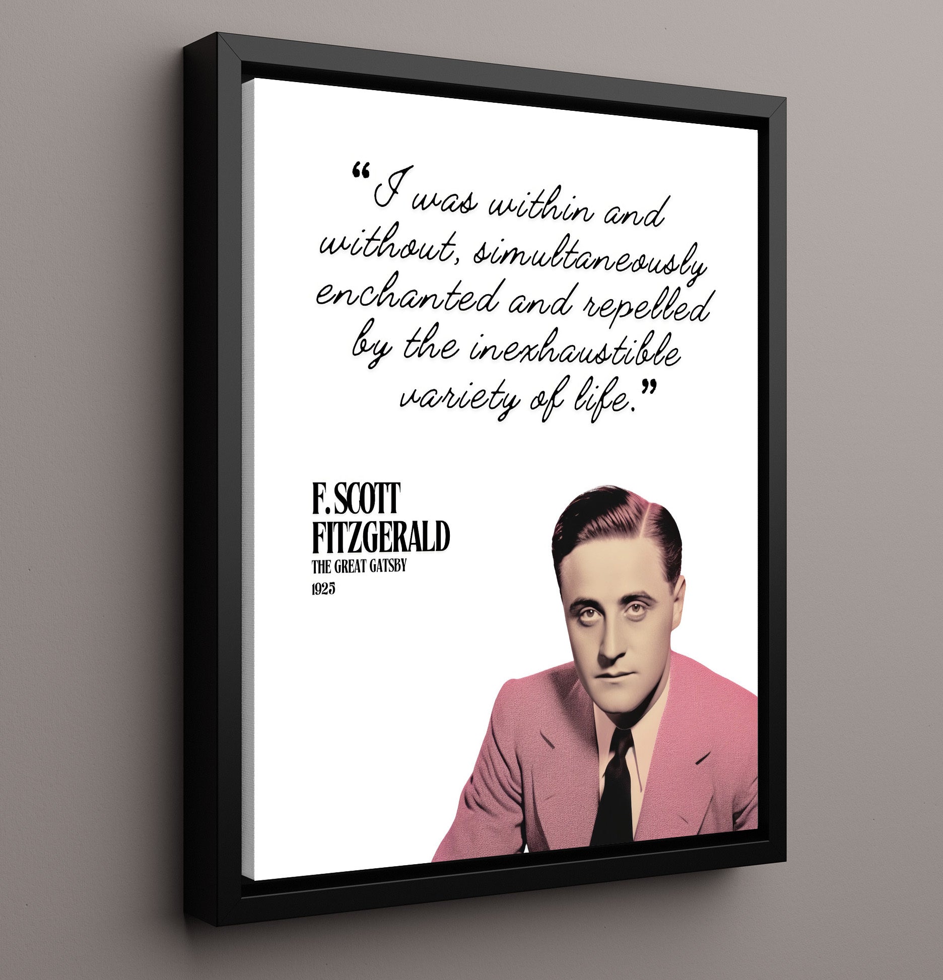 F. Scott Fitzgerald The Great Gatsby Enchanted and Repelled By Life Quote Print 16x20 Framed Canvas literary wall art print – Literature Quotes decor