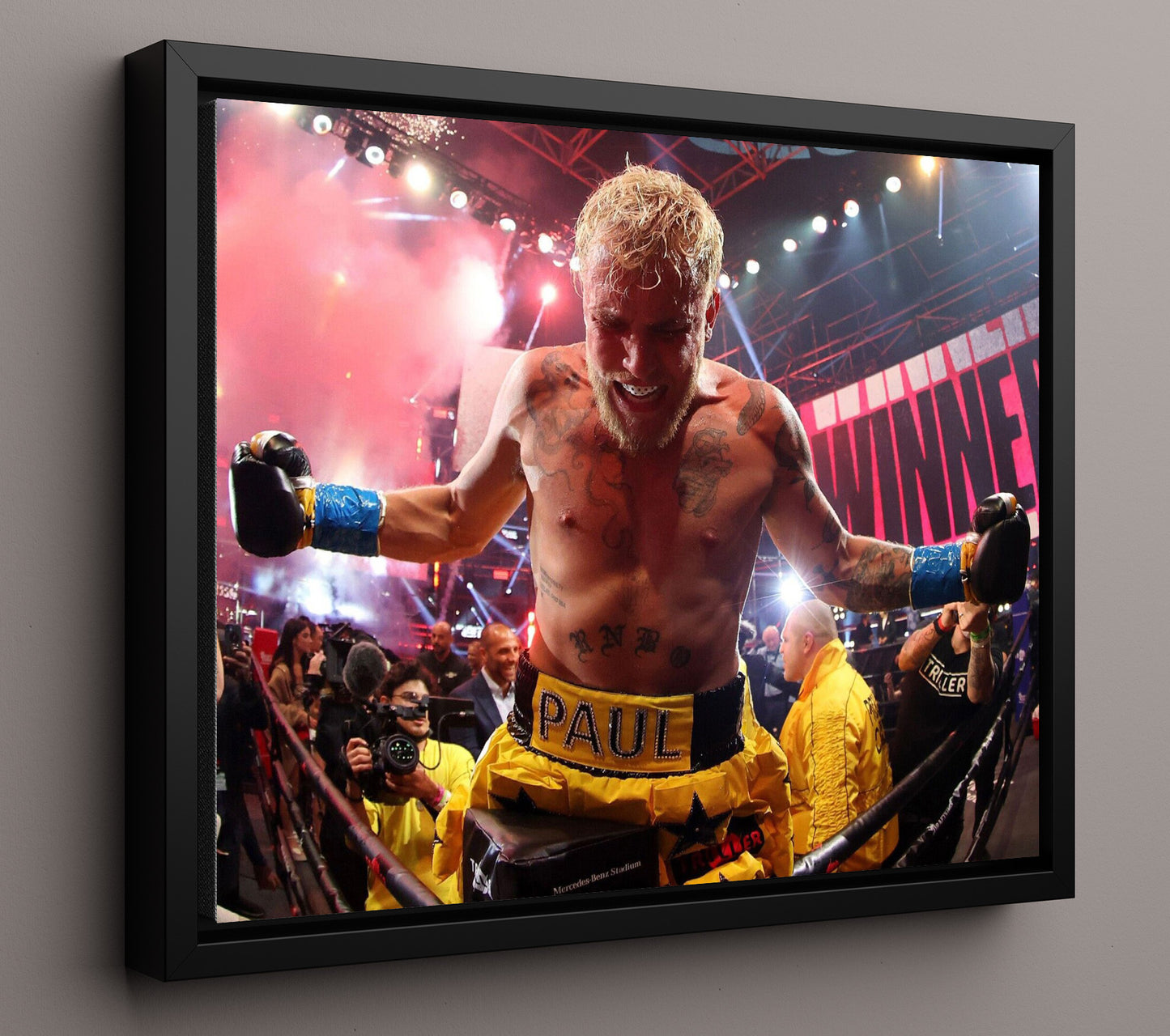 Jake Paul - Ring Victory Celebration MMA Wall Art 16x20 Framed Canvas wall art print – MMA Wall Art decor