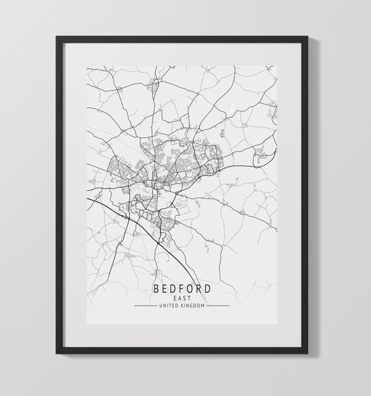 City Map Print - Bedford - East UK City Map 16x20 16x20 Gallery Framed Artworkd Artwork wall art print – vintage decor