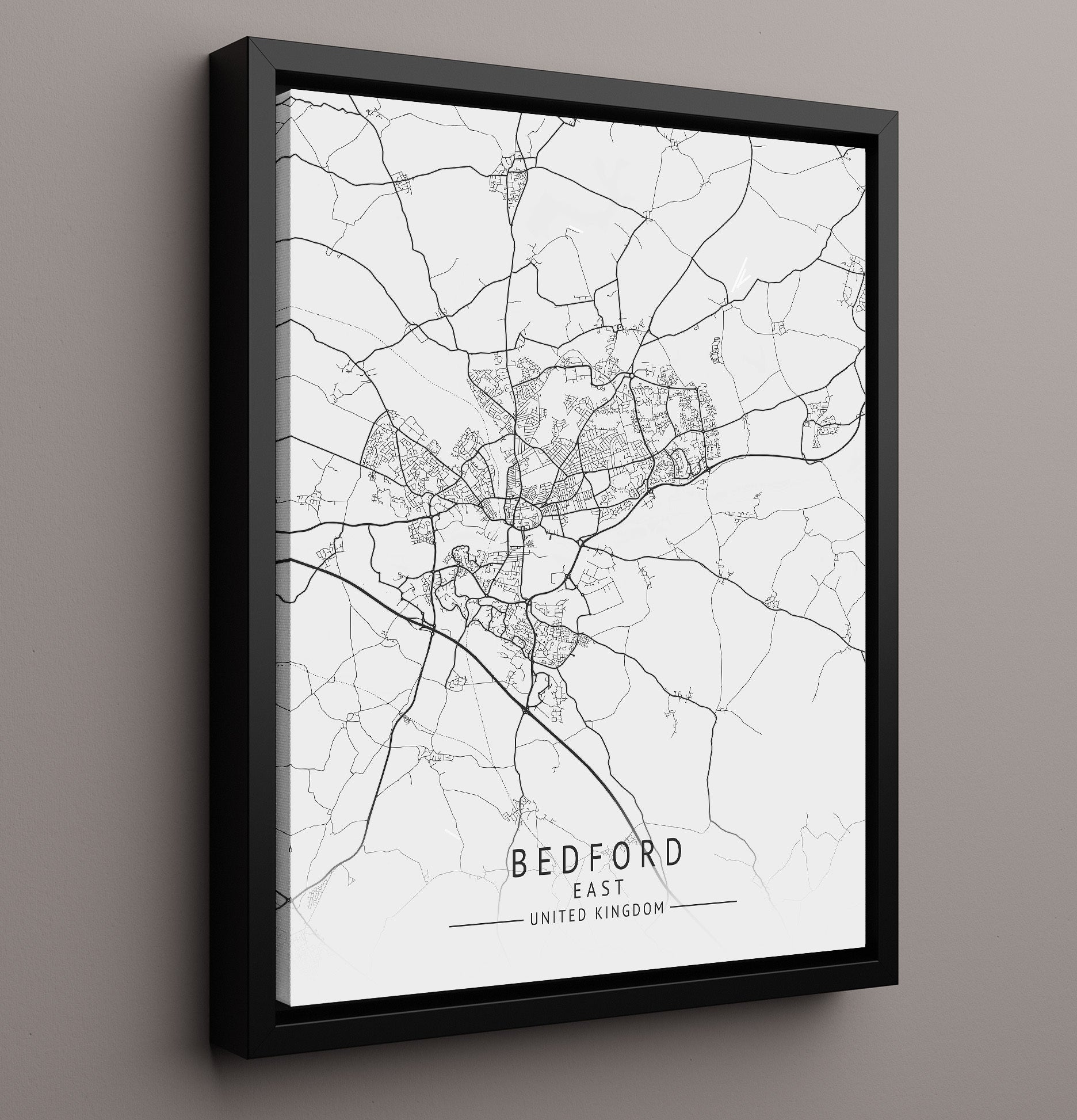 City Map Print - Bedford - East UK City Map 16x20 Framed Canvas city map wall art print – UK City Map decor