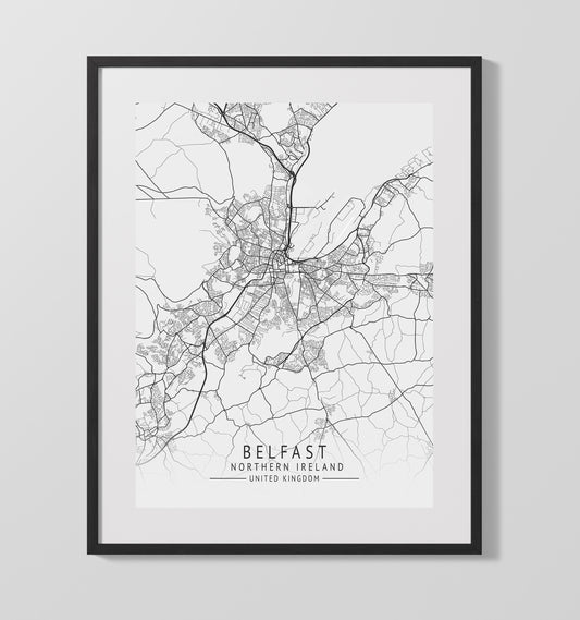 City Map Print - Belfast - Northern Ireland UK City Map 16x20 16x20 Gallery Framed Artworkd Artwork wall art print – vintage decor