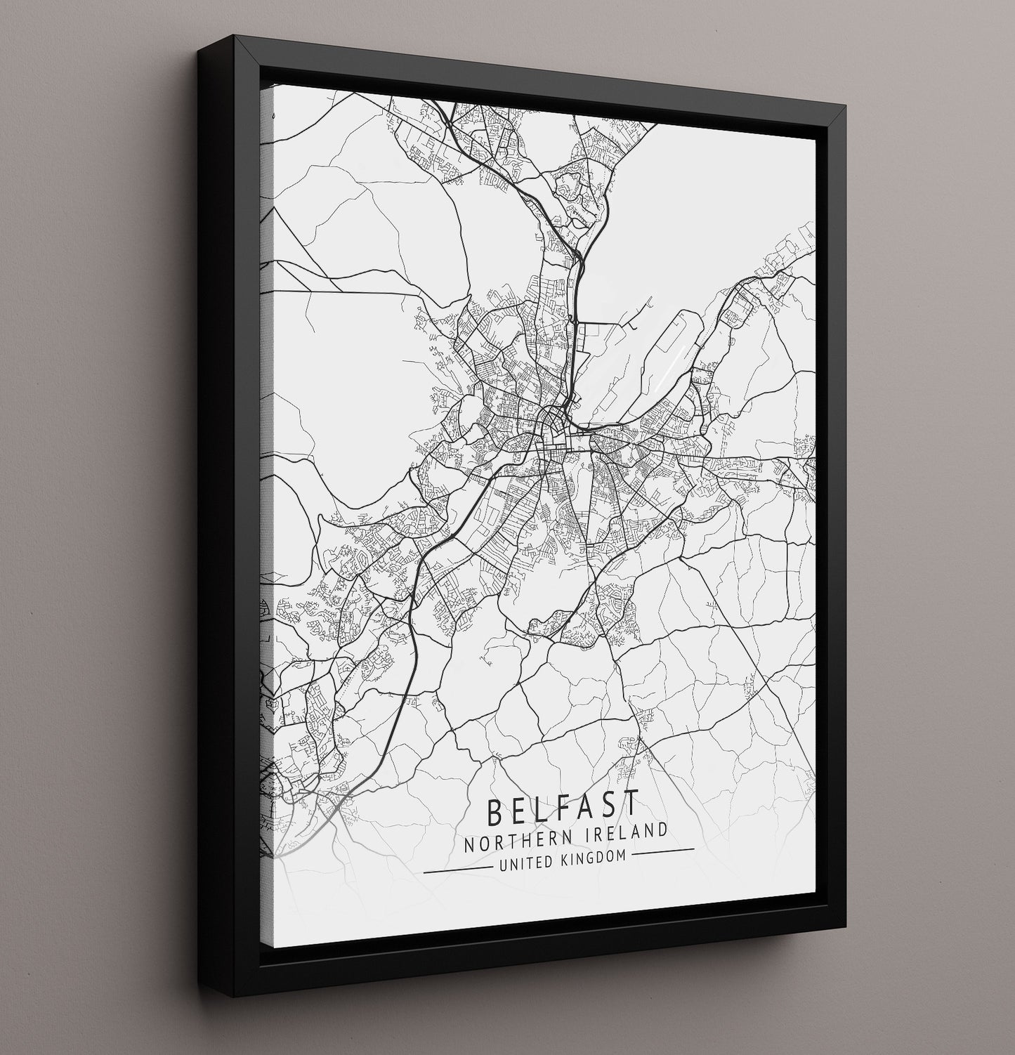 City Map Print - Belfast - Northern Ireland UK City Map 16x20 Framed Canvas city map wall art print – UK City Map decor