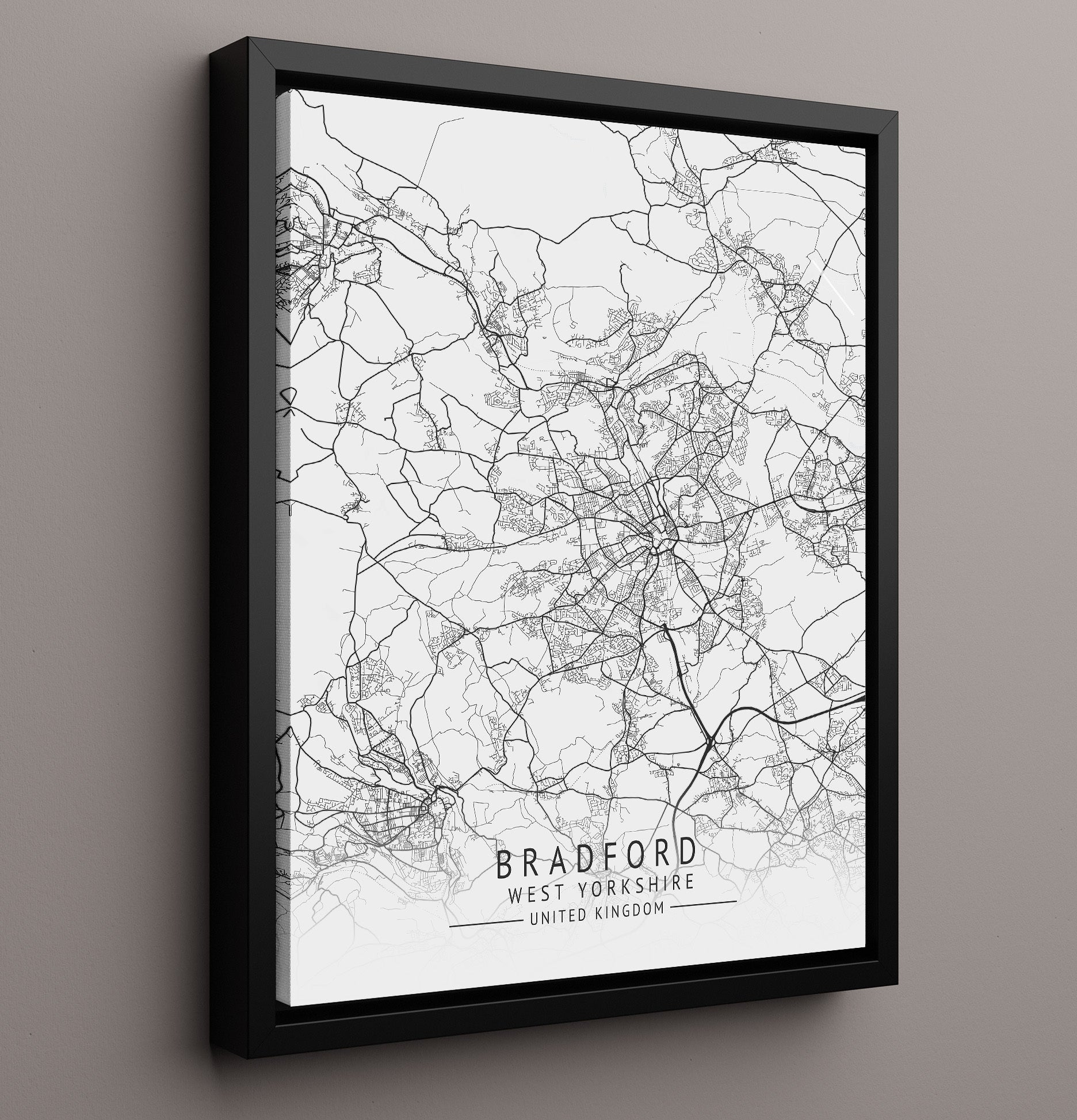 City Map Print - Bradford - West Yorkshire UK City Map 16x20 Framed Canvas city map wall art print – UK City Map decor
