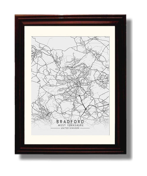 City Map Print - Bradford - West Yorkshire UK City Map 8x10 Beveled Frame city map wall art print – UK City Map decor