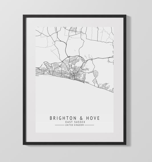 City Map Print - Brighton and Hove - East Sussex UK City Map 16x20 16x20 Gallery Framed Artworkd Artwork wall art print – vintage decor