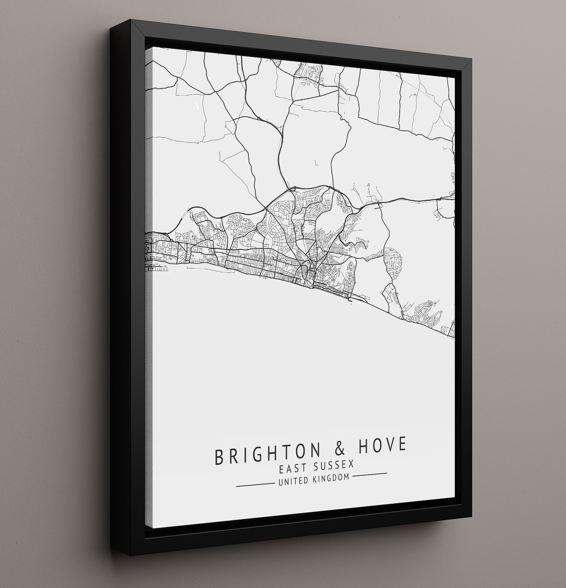 City Map Print - Brighton and Hove - East Sussex UK City Map 16x20 Framed Canvas city map wall art print – UK City Map decor