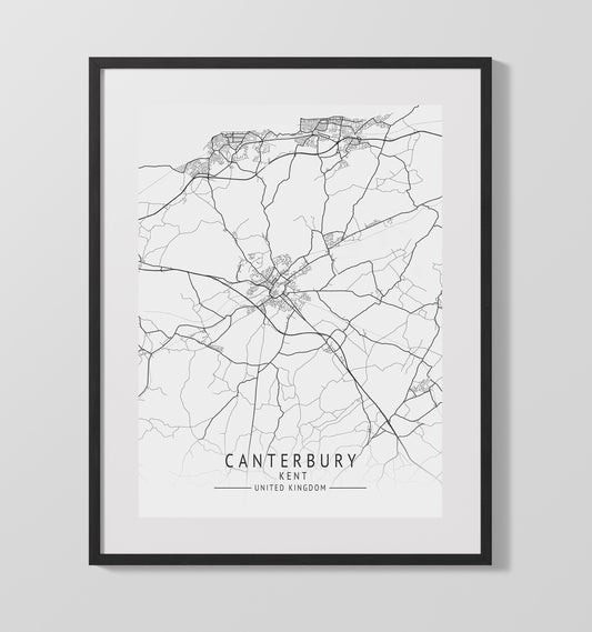 City Map Print - Canterbury - Kent UK City Map 16x20 16x20 Gallery Framed Artworkd Artwork wall art print – vintage decor
