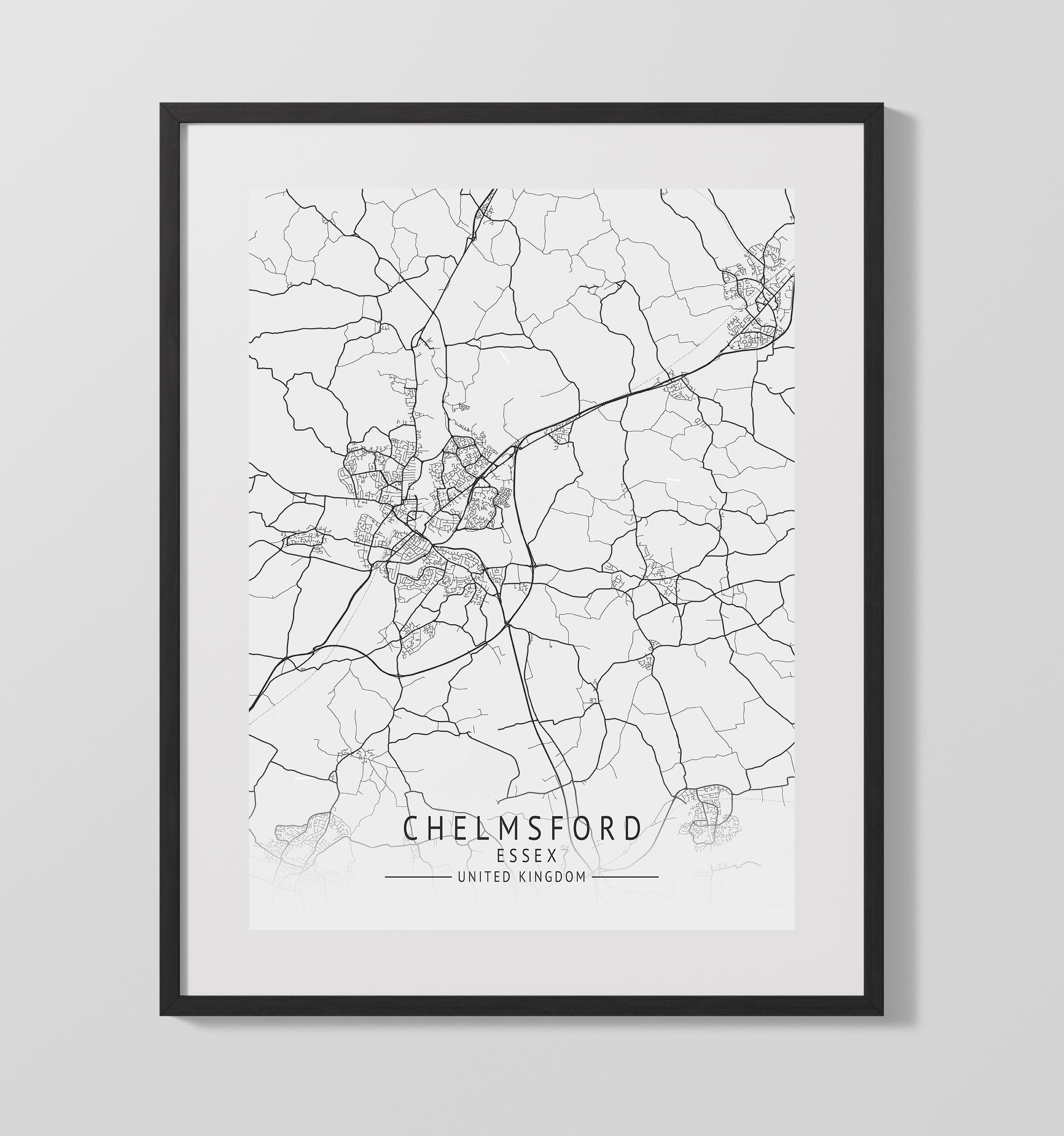 City Map Print - Chelmsford - Essex UK City Map 16x20 Gallery Frame city map wall art print – UK City Map decor