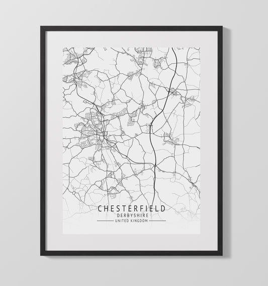 City Map Print - Chesterfield - Derbyshire UK City Map 16x20 16x20 Gallery Framed Artworkd Artwork wall art print – vintage decor