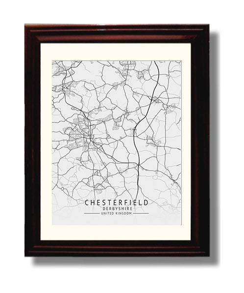 City Map Print - Chesterfield - Derbyshire UK City Map 8x10 Beveled Frame city map wall art print – UK City Map decor