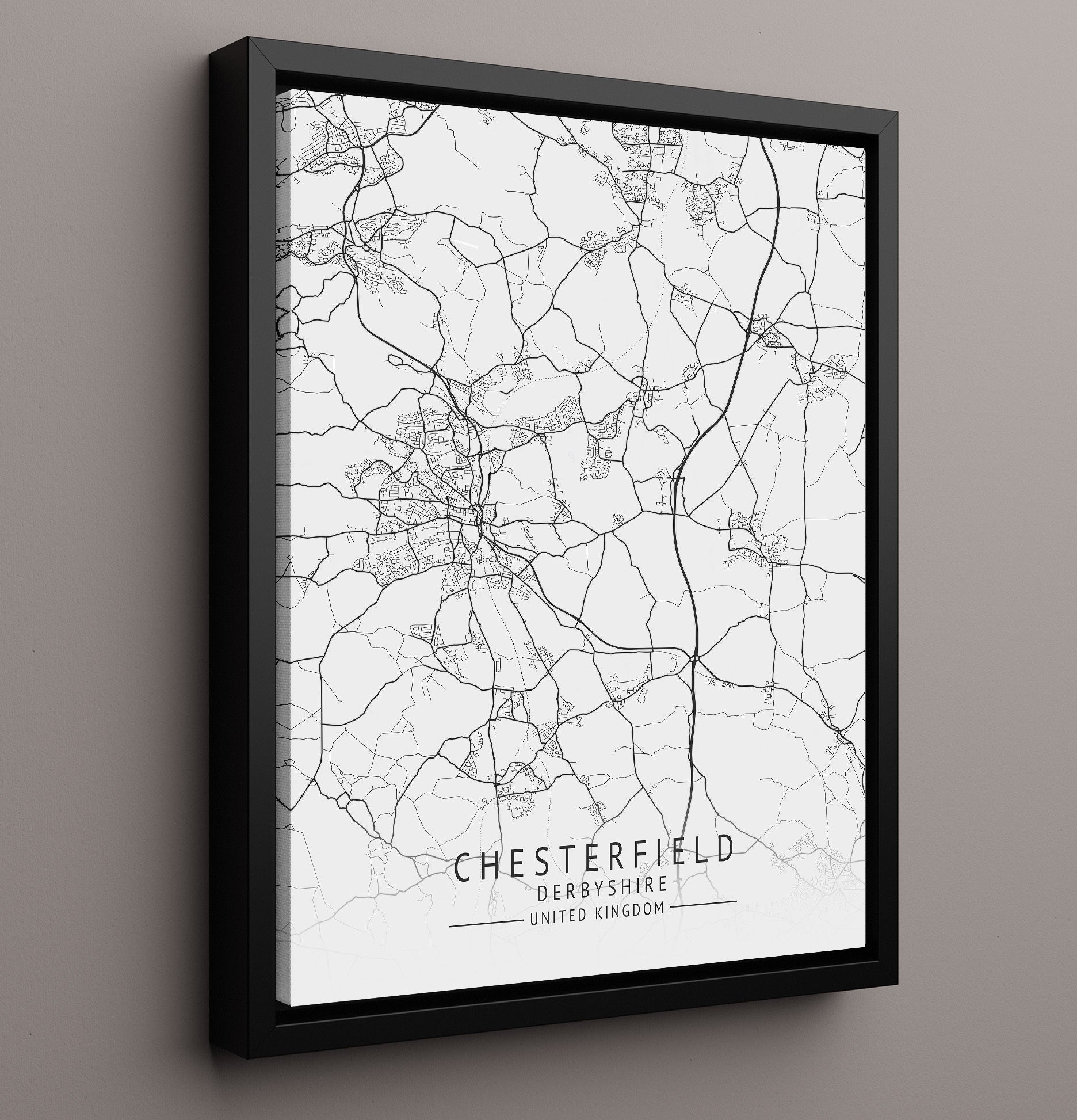City Map Print - Chesterfield - Derbyshire UK City Map 16x20 Framed Canvas city map wall art print – UK City Map decor