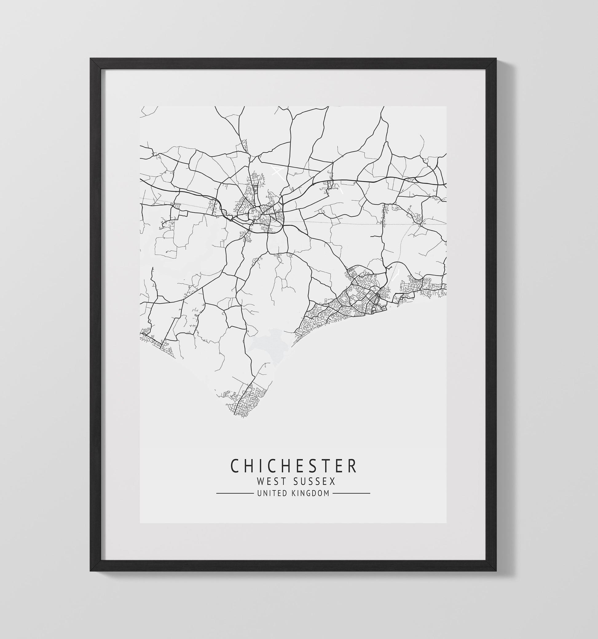 City Map Print - Chichester - West Sussex UK City Map 16x20 Gallery Frame city map wall art print – UK City Map decor
