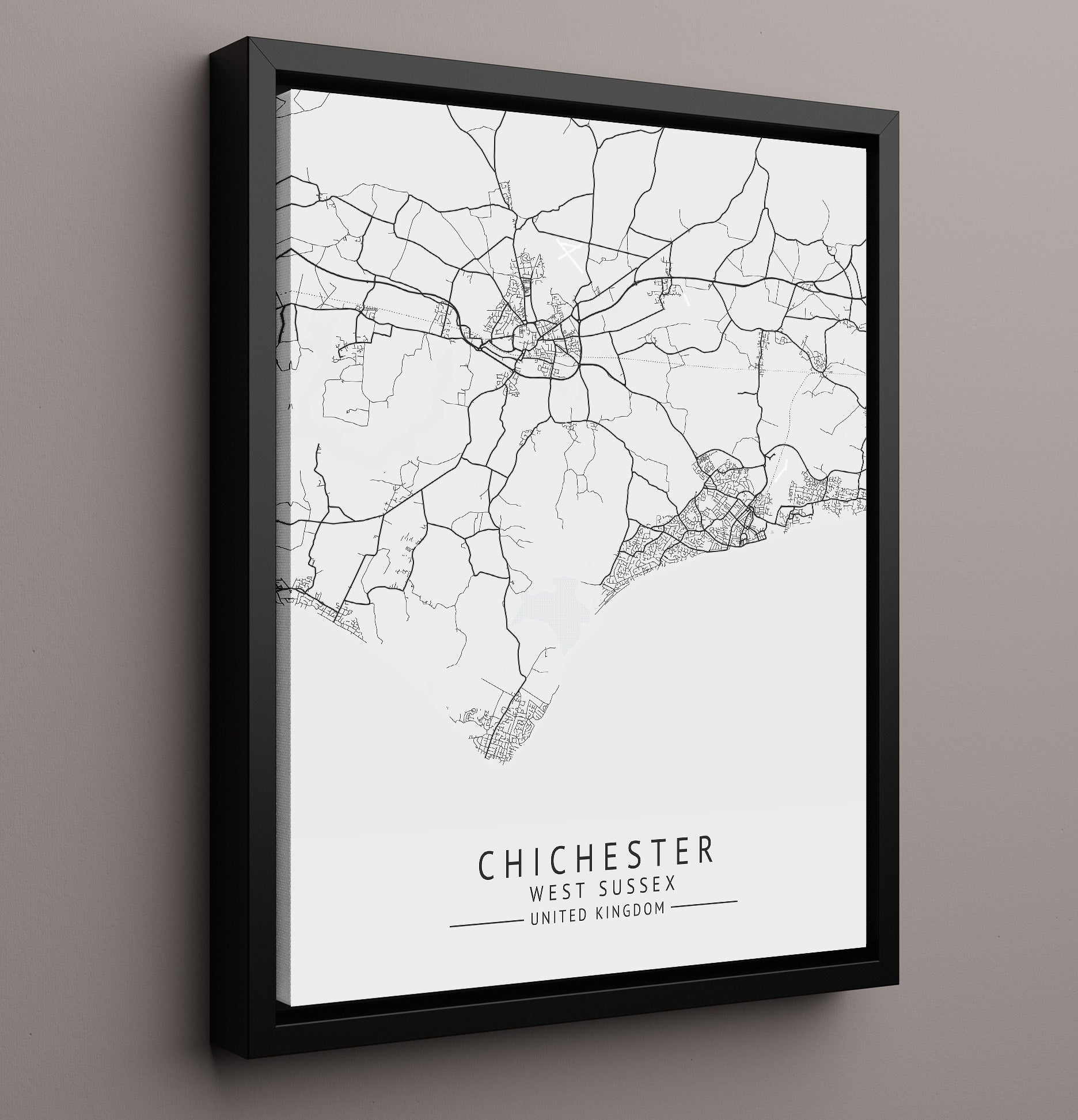 City Map Print - Chichester - West Sussex UK City Map 16x20 Framed Canvas city map wall art print – UK City Map decor
