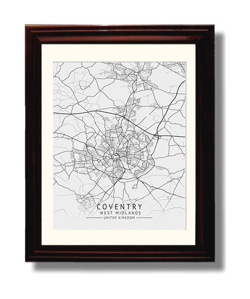 City Map Print - Coventry - West Midlands UK City Map 8x10 Beveled Frame city map wall art print – UK City Map decor