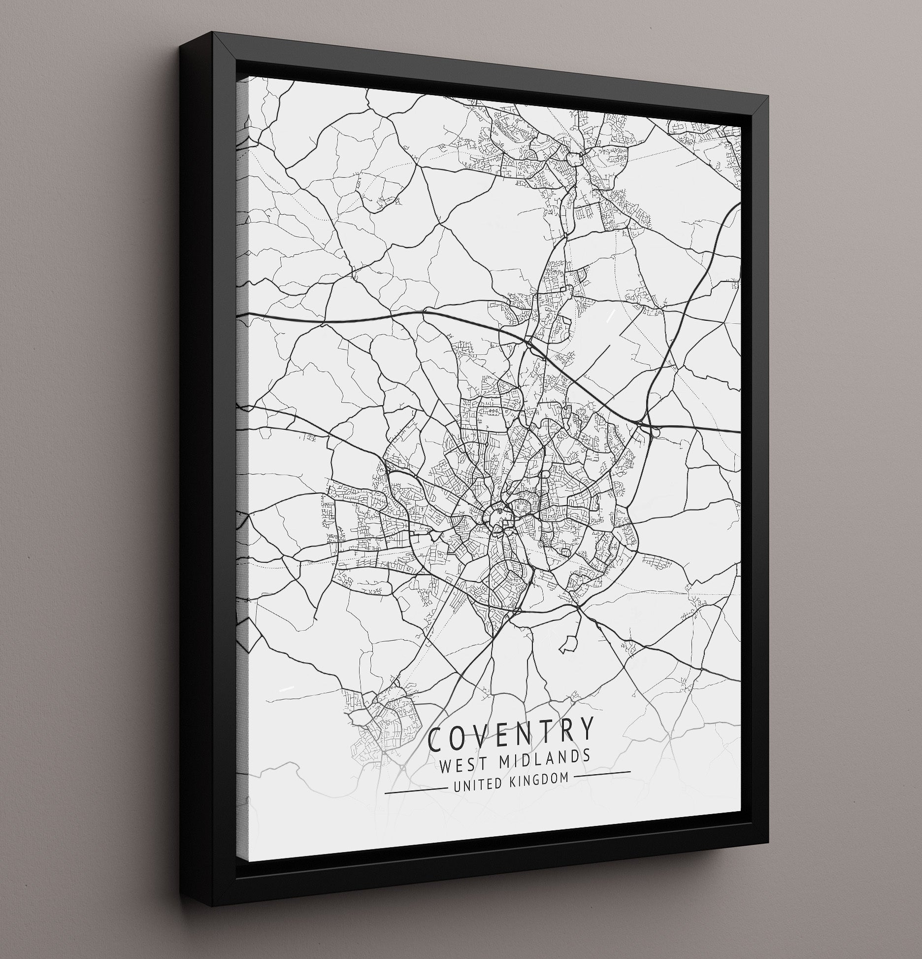 City Map Print - Coventry - West Midlands UK City Map 16x20 Framed Canvas city map wall art print – UK City Map decor