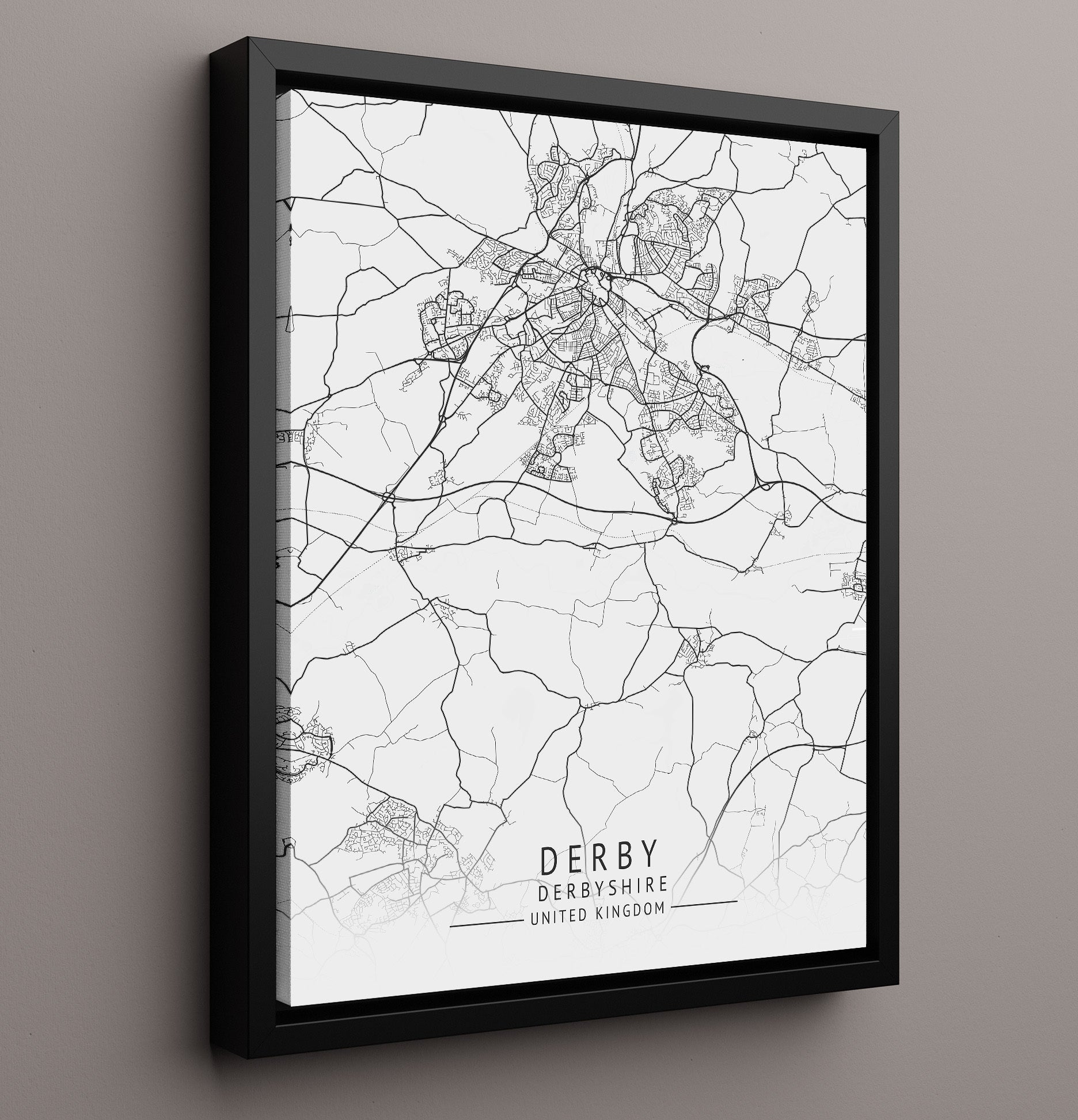 City Map Print - Derby - Derbyshire UK City Map 16x20 Framed Canvas city map wall art print – UK City Map decor