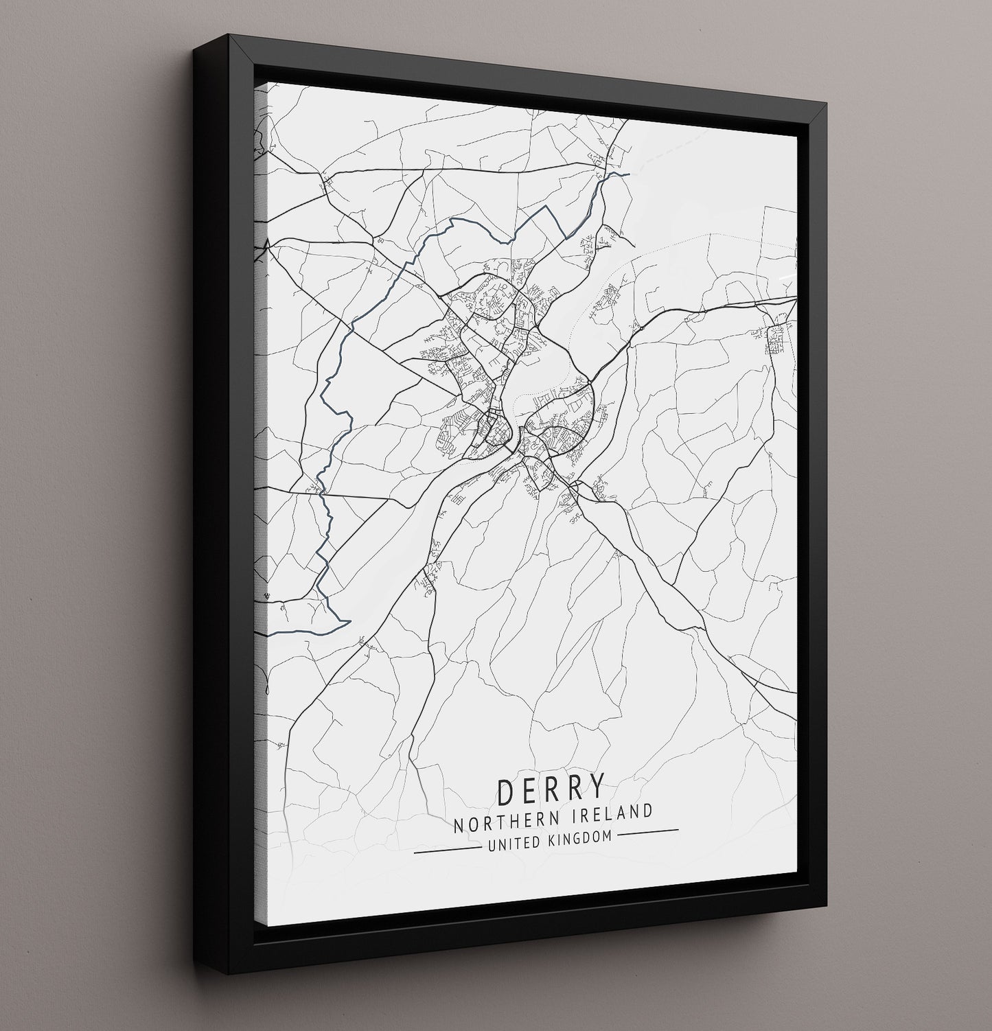 City Map Print - Derry - Northern Ireland UK City Map 16x20 Framed Canvas city map wall art print – UK City Map decor