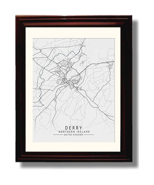 City Map Print - Derry - Northern Ireland UK City Map 8x10 Beveled Frame city map wall art print – UK City Map decor