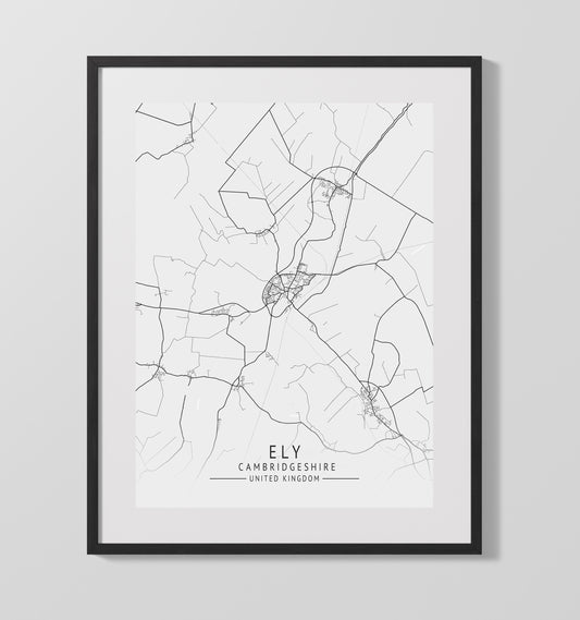 City Map Print - Ely - Cambridgeshire UK City Map 16x20 16x20 Gallery Framed Artworkd Artwork wall art print – vintage decor