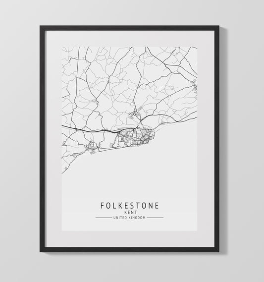 City Map Print - Folkestone - Kent UK City Map 16x20 16x20 Gallery Framed Artworkd Artwork wall art print – vintage decor