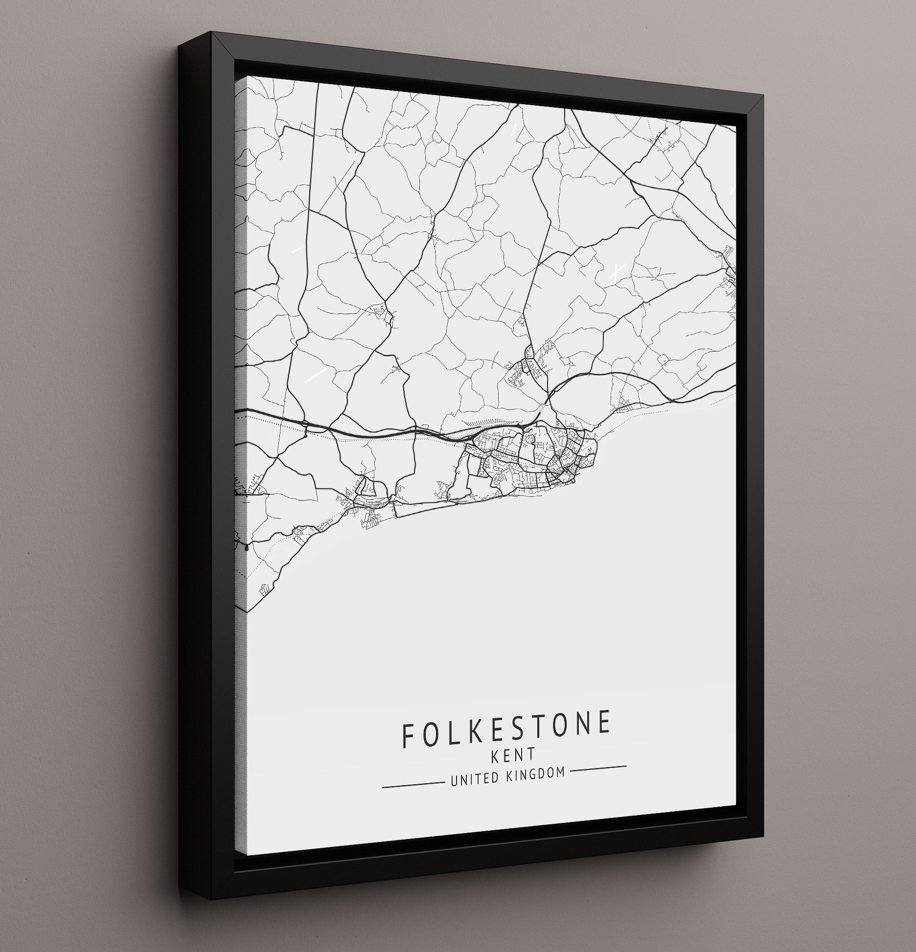 City Map Print - Folkestone - Kent UK City Map 16x20 Framed Canvas city map wall art print – UK City Map decor