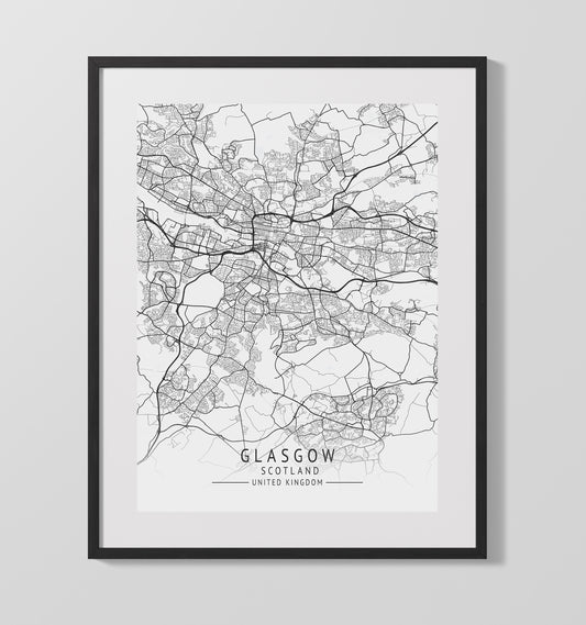 City Map Print - Glasgow - Scotland UK City Map 16x20 16x20 Gallery Framed Artworkd Artwork wall art print – vintage decor