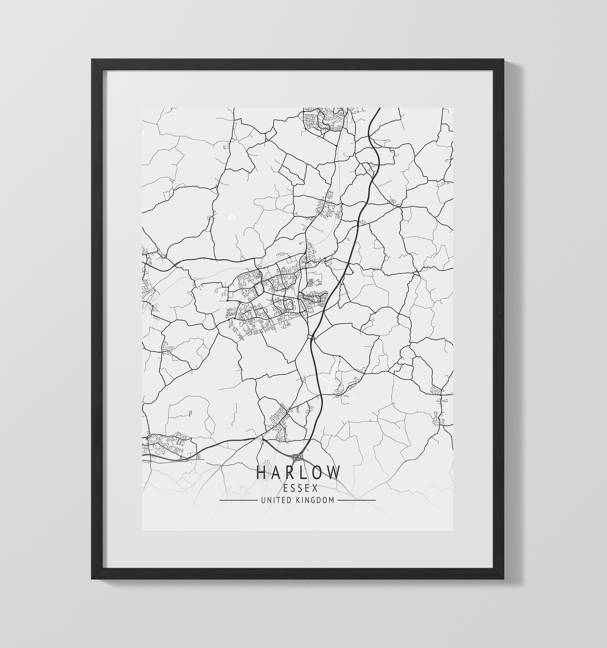 City Map Print - Harlow - Essex UK City Map 16x20 Gallery Frame city map wall art print – UK City Map decor